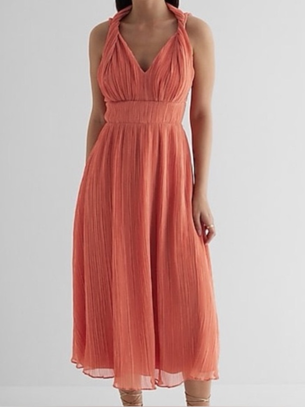 Express Coral Pleated Twisted Halter Midi Dress Size XL
